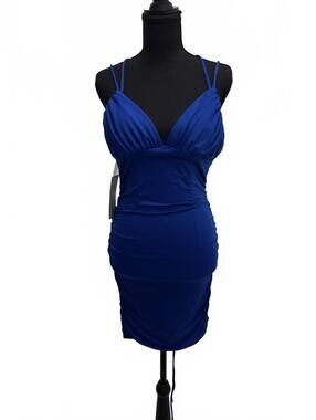Elegant Royal Blue Ruched Bodycon Dress with Crisscross Back Straps